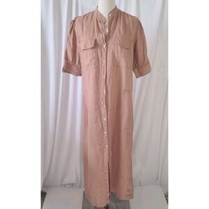 Lanhtropy Womens Camel 100% Linen Safari Shirt Dress Small